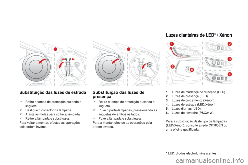 CITROEN DS3 2016 Manual do condutor (in Portuguese) DS3_pt_Chap08_info-pratiques_ed01-2015
Substituição das luzes de estradaSubstituição das luzes de
presença
F Retire a tampa de protecção puxando a
lingueta.
F
D
esligue o conector da lâmp CITROEN DS3 2016 Manual do condutor (in Portuguese) DS3_pt_Chap08_info-pratiques_ed01-2015
Substituição das luzes de estradaSubstituição das luzes de
presença
F Retire a tampa de protecção puxando a
lingueta.
F
D
esligue o conector da lâmp