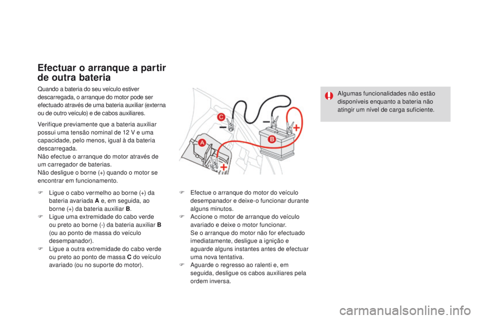 CITROEN DS3 2016 Manual do condutor (in Portuguese) DS3_pt_Chap08_info-pratiques_ed01-2015
Quando a bateria do seu veículo estiver
descarregada, o arranque do motor pode ser
efectuado através de uma bateria auxiliar (externa
ou de outro veículo) CITROEN DS3 2016 Manual do condutor (in Portuguese) DS3_pt_Chap08_info-pratiques_ed01-2015
Quando a bateria do seu veículo estiver
descarregada, o arranque do motor pode ser
efectuado através de uma bateria auxiliar (externa
ou de outro veículo)
