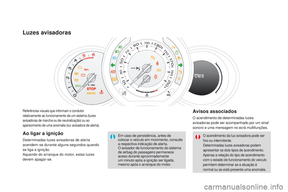 CITROEN DS3 2016  Manual do condutor (in Portuguese) DS3_pt_Chap01_controle-de-marche_ed01-2015
Referências visuais que informam o condutor 
relativamente ao funcionamento de um sistema (luzes 
avisadoras de marcha ou de neutralização) ou ao 
apareci