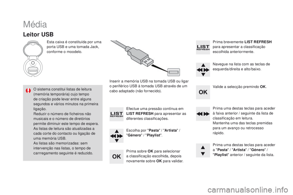 CITROEN DS3 2016 Manual do condutor (in Portuguese) DS3 _ pt _Chap11d _ RD 45 _ ed 01-2015
Média
Leitor USB
Esta caixa é constituída por uma
porta USB e uma tomada Jack,
conforme o moodelo.Inserir a memória USB na tomada USB ou ligar
o periféri CITROEN DS3 2016 Manual do condutor (in Portuguese) DS3 _ pt _Chap11d _ RD 45 _ ed 01-2015
Média
Leitor USB
Esta caixa é constituída por uma
porta USB e uma tomada Jack,
conforme o moodelo.Inserir a memória USB na tomada USB ou ligar
o periféri