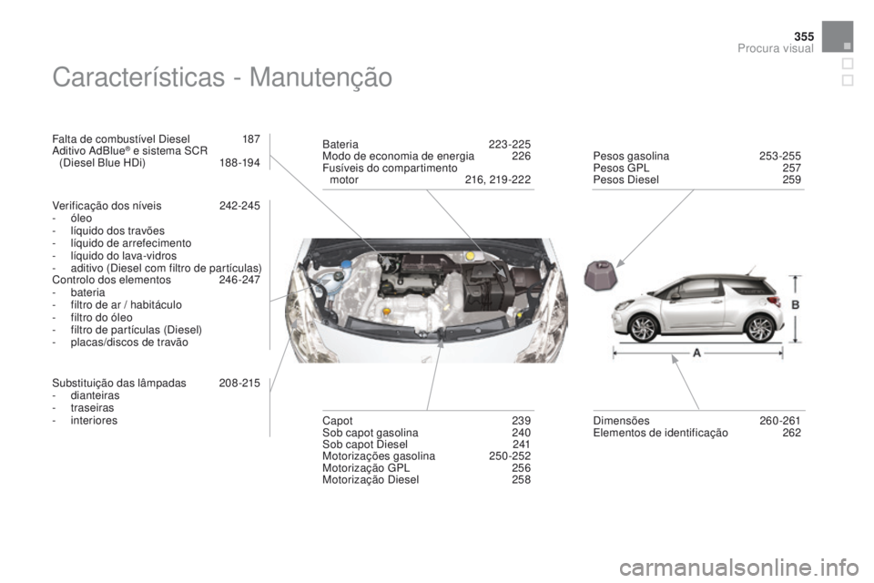 CITROEN DS3 2016 Manual do condutor (in Portuguese) 355
DS3_pt_Chap12_index-recherche_ed01-2015
Características - Manutenção
Falta de combustível Diesel 187
Aditivo AdBlue® e sistema SCR
(Diesel Blue HDi) 1 88 -194
Verificação dos níveis
CITROEN DS3 2016 Manual do condutor (in Portuguese) 355
DS3_pt_Chap12_index-recherche_ed01-2015
Características - Manutenção
Falta de combustível Diesel 187
Aditivo AdBlue® e sistema SCR
(Diesel Blue HDi) 1 88 -194
Verificação dos níveis