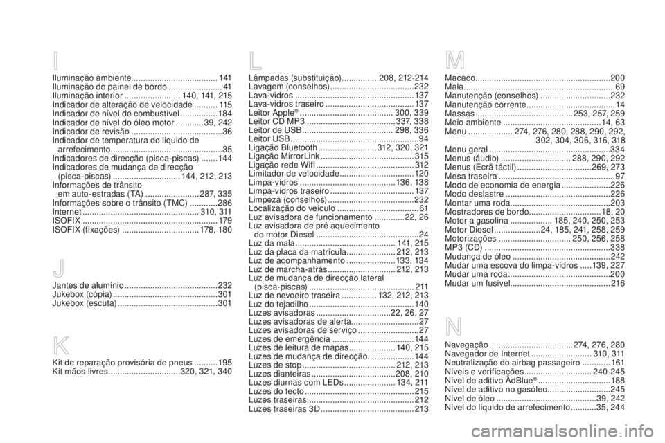 CITROEN DS3 2016 Manual do condutor (in Portuguese) DS3_pt_Chap12_index-recherche_ed01-2015
Macaco .......................................................... 200
Mala ................................................................. 69
Manutenção (c CITROEN DS3 2016 Manual do condutor (in Portuguese) DS3_pt_Chap12_index-recherche_ed01-2015
Macaco .......................................................... 200
Mala ................................................................. 69
Manutenção (c