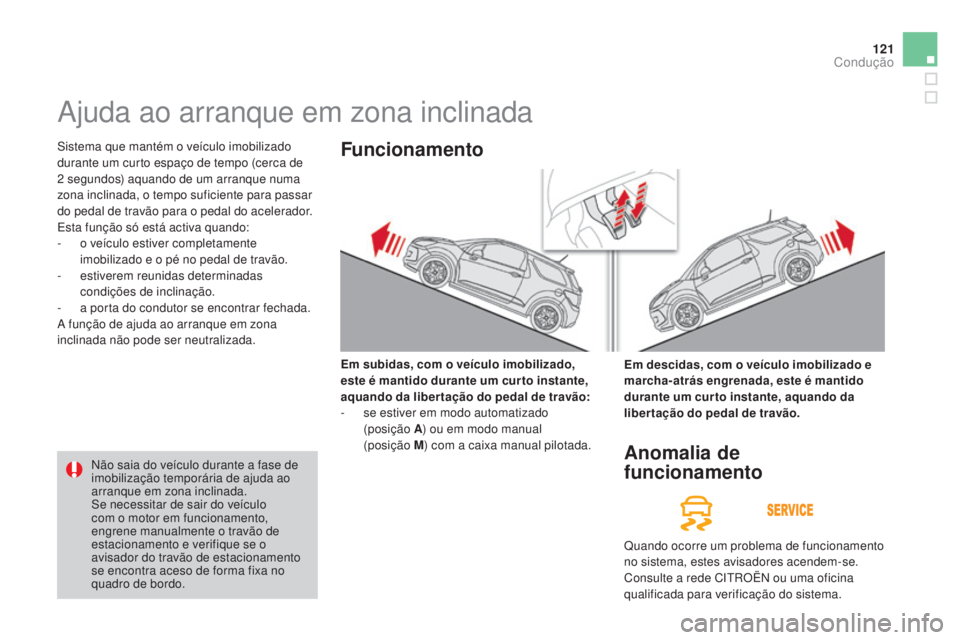 CITROEN DS3 2015 Manual do condutor (in Portuguese) 121
DS3_pt_Chap06_conduite_ed01-2014
Ajuda ao arranque em zona inclinada
Sistema que mantém o veículo imobilizado
durante um curto espaço de tempo (cerca de
2 segundos) aquando de um arranque nu CITROEN DS3 2015 Manual do condutor (in Portuguese) 121
DS3_pt_Chap06_conduite_ed01-2014
Ajuda ao arranque em zona inclinada
Sistema que mantém o veículo imobilizado
durante um curto espaço de tempo (cerca de
2 segundos) aquando de um arranque nu