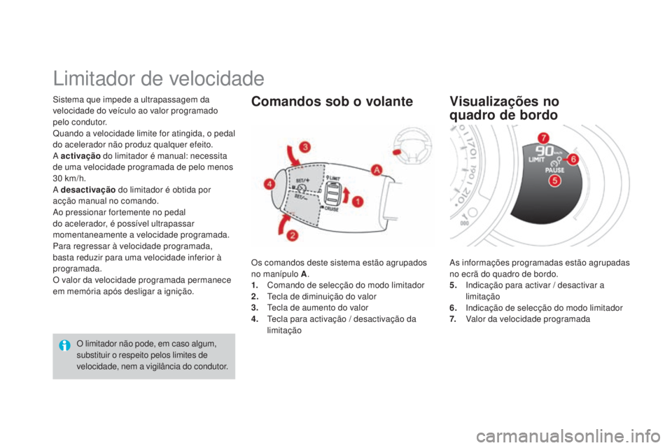 CITROEN DS3 2015 Manual do condutor (in Portuguese) DS3_pt_Chap06_conduite_ed01-2014
Sistema que impede a ultrapassagem da
velocidade do veículo ao valor programado
pelo condutor.
Quando a velocidade limite for atingida, o pedal
do acelerador não CITROEN DS3 2015 Manual do condutor (in Portuguese) DS3_pt_Chap06_conduite_ed01-2014
Sistema que impede a ultrapassagem da
velocidade do veículo ao valor programado
pelo condutor.
Quando a velocidade limite for atingida, o pedal
do acelerador não
