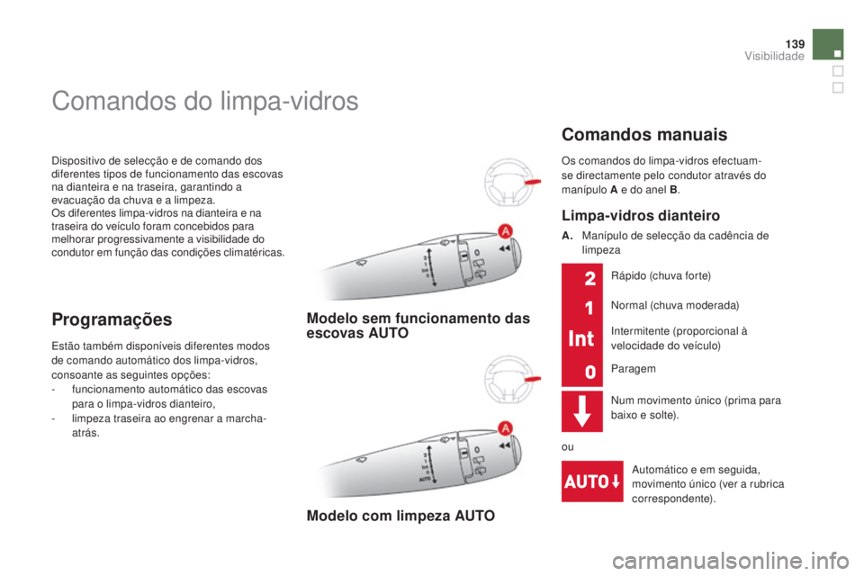CITROEN DS3 2015 Manual do condutor (in Portuguese) 139
DS3_pt_Chap07_visibilite_ed01-2014
Dispositivo de selecção e de comando dos
diferentes tipos de funcionamento das escovas
na dianteira e na traseira, garantindo a
evacuação da chuva e a lim CITROEN DS3 2015 Manual do condutor (in Portuguese) 139
DS3_pt_Chap07_visibilite_ed01-2014
Dispositivo de selecção e de comando dos
diferentes tipos de funcionamento das escovas
na dianteira e na traseira, garantindo a
evacuação da chuva e a lim