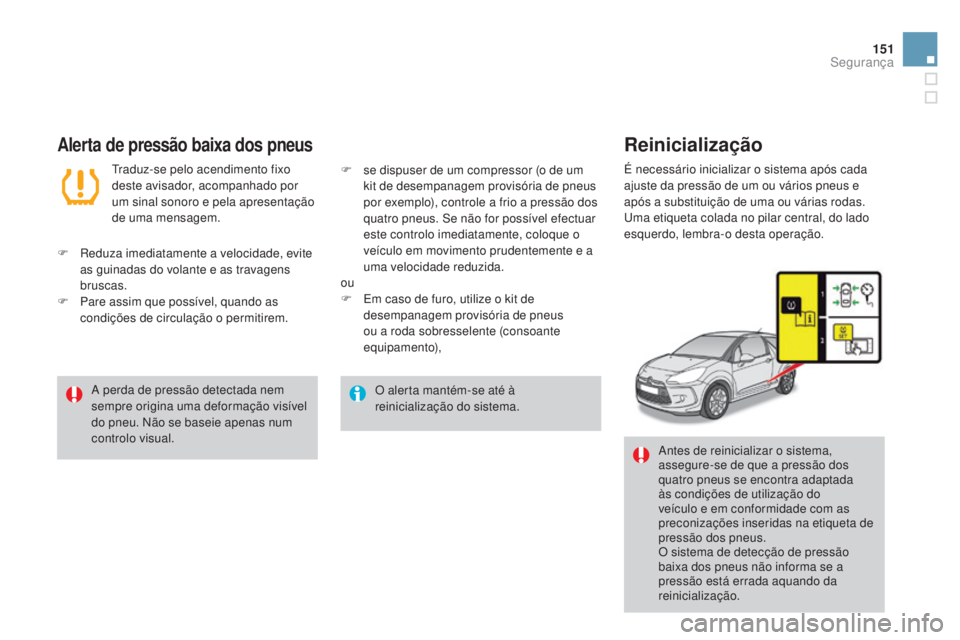 CITROEN DS3 2015  Manual do condutor (in Portuguese) 151
DS3_pt_Chap08_securite_ed01-2014
O alerta mantém-se até à 
reinicialização do sistema.
A perda de pressão detectada nem 
sempre origina uma deformação visível 
do pneu. Não se baseie ape