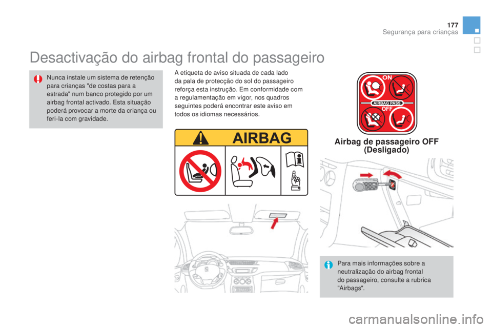 CITROEN DS3 2015 Manual do condutor (in Portuguese) 177
DS3_pt_Chap09_securite-enfants_ed01-2014
Desactivação do airbag frontal do passageiro
Nunca instale um sistema de retenção
para crianças "de costas para a
estrada" num banco protegi CITROEN DS3 2015 Manual do condutor (in Portuguese) 177
DS3_pt_Chap09_securite-enfants_ed01-2014
Desactivação do airbag frontal do passageiro
Nunca instale um sistema de retenção
para crianças "de costas para a
estrada" num banco protegi