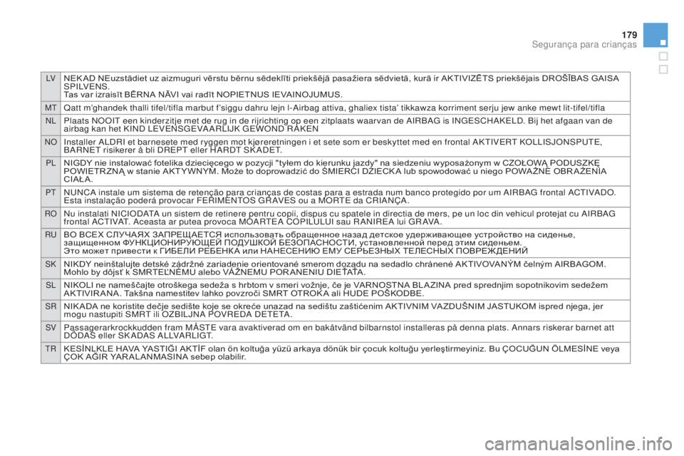 CITROEN DS3 2015 Manual do condutor (in Portuguese) LVNEK AD NEuzstādiet uz aizmuguri vērstu bērnu sēdeklīti priekšējā pasažiera sēdvietā, kurā ir AKTIVIZĒTS priekšējais DROŠĪBAS GAISA
S P I LV E N S .
Tas var izraisīt BĒRNA NĀVI v CITROEN DS3 2015 Manual do condutor (in Portuguese) LVNEK AD NEuzstādiet uz aizmuguri vērstu bērnu sēdeklīti priekšējā pasažiera sēdvietā, kurā ir AKTIVIZĒTS priekšējais DROŠĪBAS GAISA
S P I LV E N S .
Tas var izraisīt BĒRNA NĀVI v