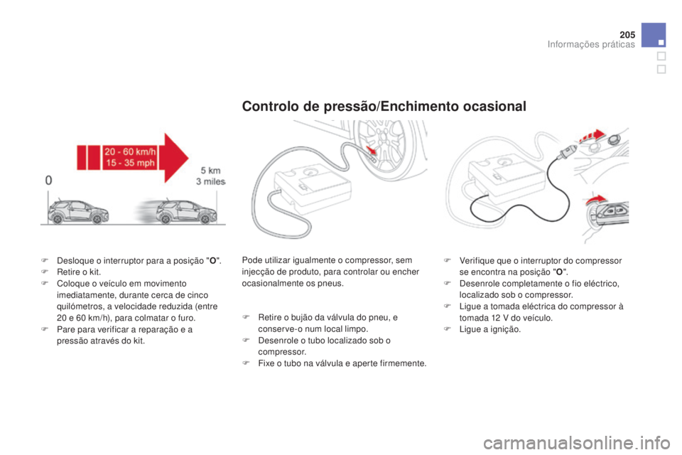 CITROEN DS3 2015 Manual do condutor (in Portuguese) 205
DS3_pt_Chap10_info-pratiques_ed01-2014
F Desloque o interruptor para a posição "O".
F R etire o kit.
F
C
oloque o veÃculo em movimento
imediatamente, durante cerca de cinco
quiló CITROEN DS3 2015 Manual do condutor (in Portuguese) 205
DS3_pt_Chap10_info-pratiques_ed01-2014
F Desloque o interruptor para a posição "O".
F R etire o kit.
F
C
oloque o veÃculo em movimento
imediatamente, durante cerca de cinco
quiló