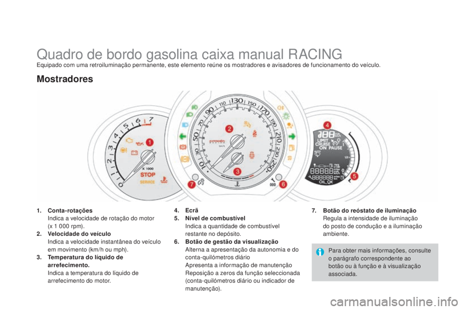 CITROEN DS3 2015 Manual do condutor (in Portuguese) DS3_pt_Chap01_controle-de-marche_ed01-2014
Quadro de bordo gasolina caixa manual RACINGEquipado com uma retroiluminação permanente, este elemento reúne os mostradores e avisadores de funcionamento CITROEN DS3 2015 Manual do condutor (in Portuguese) DS3_pt_Chap01_controle-de-marche_ed01-2014
Quadro de bordo gasolina caixa manual RACINGEquipado com uma retroiluminação permanente, este elemento reúne os mostradores e avisadores de funcionamento