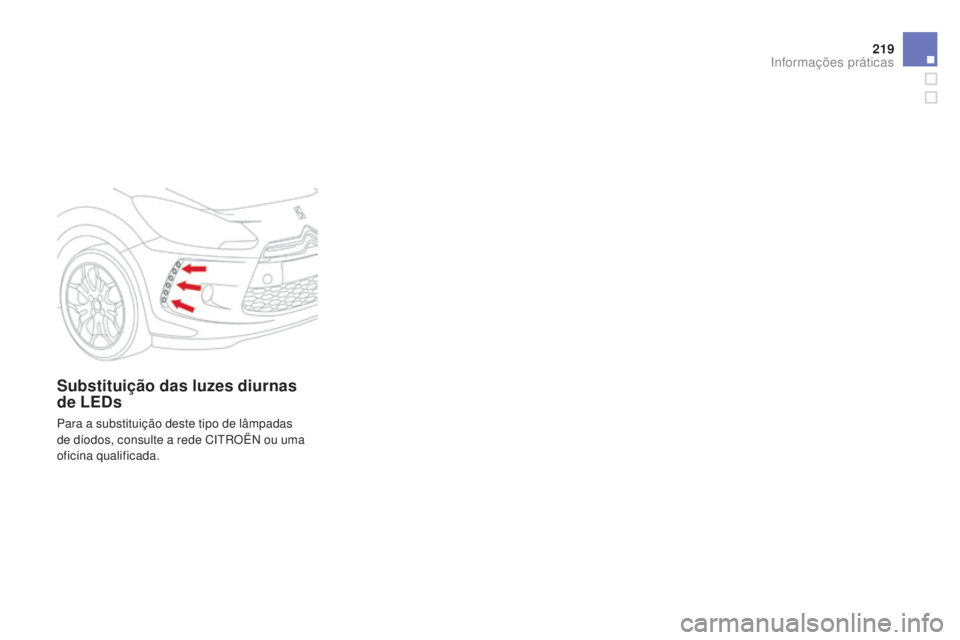 CITROEN DS3 2015 Manual do condutor (in Portuguese) 219
DS3_pt_Chap10_info-pratiques_ed01-2014
Substituição das luzes diurnas
de LEDs
Para a substituição deste tipo de lâmpadas
de díodos, consulte a rede CITROËN ou uma
oficina qualificada.
In CITROEN DS3 2015 Manual do condutor (in Portuguese) 219
DS3_pt_Chap10_info-pratiques_ed01-2014
Substituição das luzes diurnas
de LEDs
Para a substituição deste tipo de lâmpadas
de díodos, consulte a rede CITROËN ou uma
oficina qualificada.
In