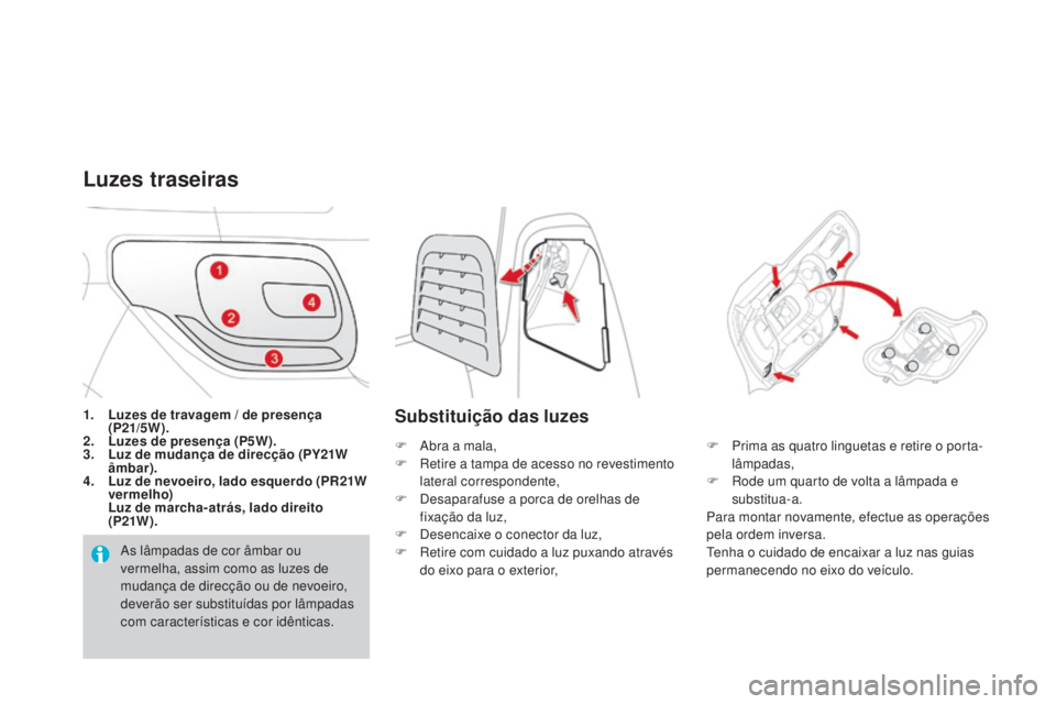 CITROEN DS3 2015 Manual do condutor (in Portuguese) DS3_pt_Chap10_info-pratiques_ed01-2014
1. Luzes de travagem / de presença (P21/5W ).
2.
L
uzes de presença (P5W).
3.
L
uz de mudança de direcção (PY21W
âmbar).
4.
L
uz de nevoeiro, lado e CITROEN DS3 2015 Manual do condutor (in Portuguese) DS3_pt_Chap10_info-pratiques_ed01-2014
1. Luzes de travagem / de presença (P21/5W ).
2.
L
uzes de presença (P5W).
3.
L
uz de mudança de direcção (PY21W
âmbar).
4.
L
uz de nevoeiro, lado e