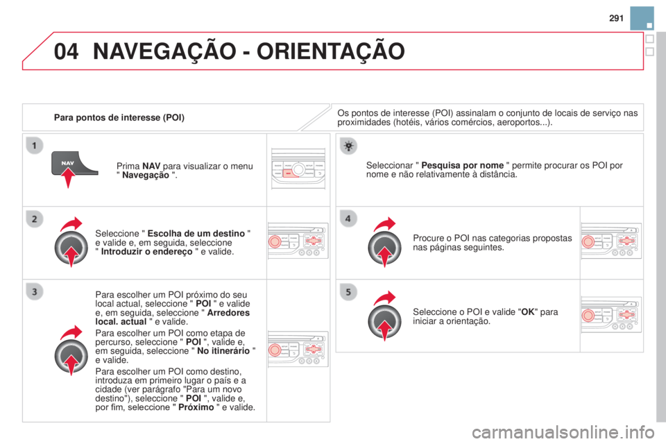 CITROEN DS3 2015 Manual do condutor (in Portuguese) 04
291
DS3_pt_Chap13b_RT6-2-8_ed01-2014
Para pontos de interesse (POI)Os pontos de interesse (POI) assinalam o conjunto de locais de serviç\
o nas
proximidades (hotéis, vários comércios, aeroport CITROEN DS3 2015 Manual do condutor (in Portuguese) 04
291
DS3_pt_Chap13b_RT6-2-8_ed01-2014
Para pontos de interesse (POI)Os pontos de interesse (POI) assinalam o conjunto de locais de serviç\
o nas
proximidades (hotéis, vários comércios, aeroport