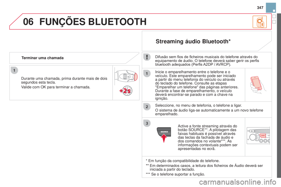 CITROEN DS3 2015 Manual do condutor (in Portuguese) 06
347
DS3_pt_Chap13c_RD45_ed01_2014
Inicie o emparelhamento entre o telefone e o
veículo. Este emparelhamento pode ser iniciado
a partir do menu telefonia do veículo ou através
do teclado do te CITROEN DS3 2015 Manual do condutor (in Portuguese) 06
347
DS3_pt_Chap13c_RD45_ed01_2014
Inicie o emparelhamento entre o telefone e o
veículo. Este emparelhamento pode ser iniciado
a partir do menu telefonia do veículo ou através
do teclado do te