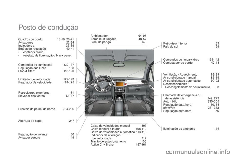 CITROEN DS3 2015 Manual do condutor (in Portuguese) DS3_pt_Chap14_index-recherche_ed01-2014
Posto de condução
Quadros de bordo 18 -19, 20 -21
Avisadores 2 2-34
Indicadores
3
5-39
Botões de regulação
4
0 - 41
-
c
ontador diário
-
r CITROEN DS3 2015 Manual do condutor (in Portuguese) DS3_pt_Chap14_index-recherche_ed01-2014
Posto de condução
Quadros de bordo 18 -19, 20 -21
Avisadores 2 2-34
Indicadores
3
5-39
Botões de regulação
4
0 - 41
-
c
ontador diário
-
r