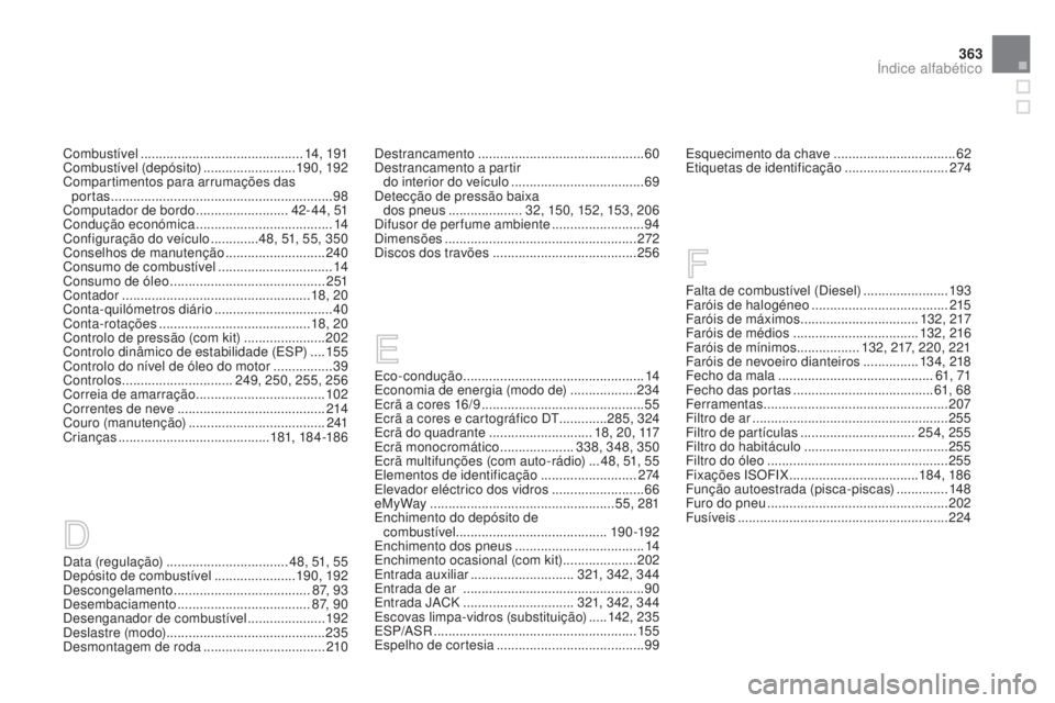 CITROEN DS3 2015 Manual do condutor (in Portuguese) 363
DS3_pt_Chap14_index-recherche_ed01-2014
Data (regulação) ................................. 48, 51, 55
Depósito de combustível ......................19 0, 192
Descongelamento
................ CITROEN DS3 2015 Manual do condutor (in Portuguese) 363
DS3_pt_Chap14_index-recherche_ed01-2014
Data (regulação) ................................. 48, 51, 55
Depósito de combustível ......................19 0, 192
Descongelamento
................