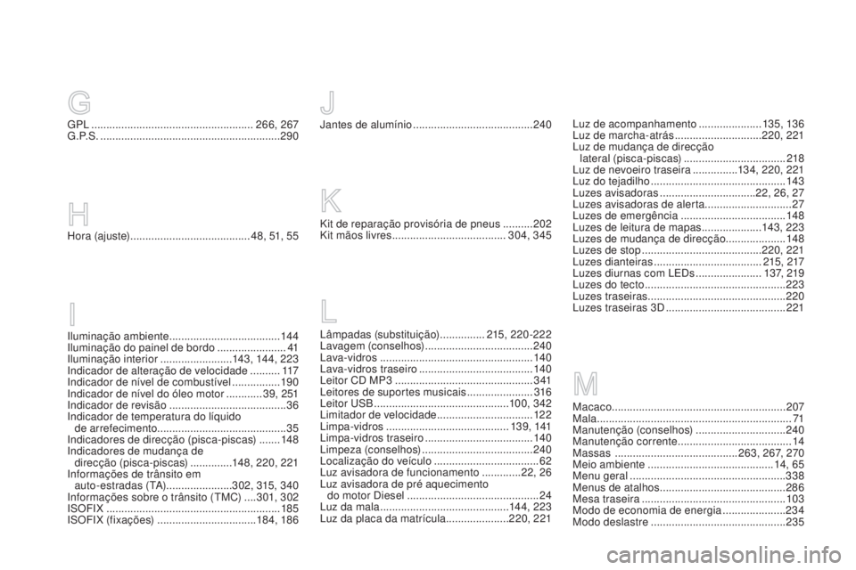 CITROEN DS3 2015 Manual do condutor (in Portuguese) DS3_pt_Chap14_index-recherche_ed01-2014
Kit de reparação provisória de pneus ..........2 02
Kit mãos livres ...................................... 304, 345
Luz de acompanhamento ............... CITROEN DS3 2015 Manual do condutor (in Portuguese) DS3_pt_Chap14_index-recherche_ed01-2014
Kit de reparação provisória de pneus ..........2 02
Kit mãos livres ...................................... 304, 345
Luz de acompanhamento ...............