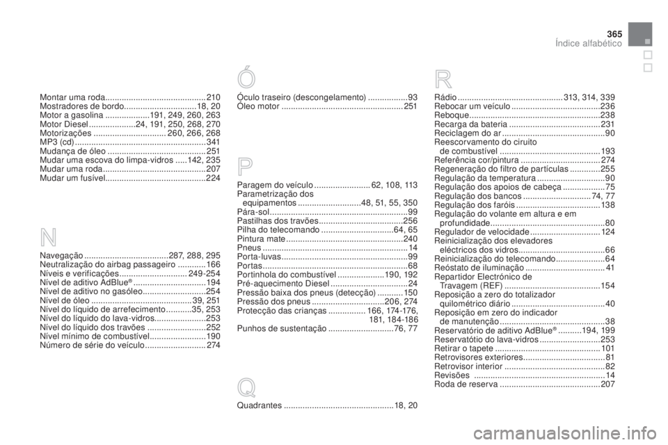 CITROEN DS3 2015 Manual do condutor (in Portuguese) 365
DS3_pt_Chap14_index-recherche_ed01-2014
Navegação ....................................2 87, 288, 295
Neutralização do airbag passageiro ............166
Níveis e verificações
........... CITROEN DS3 2015 Manual do condutor (in Portuguese) 365
DS3_pt_Chap14_index-recherche_ed01-2014
Navegação ....................................2 87, 288, 295
Neutralização do airbag passageiro ............166
Níveis e verificações
...........