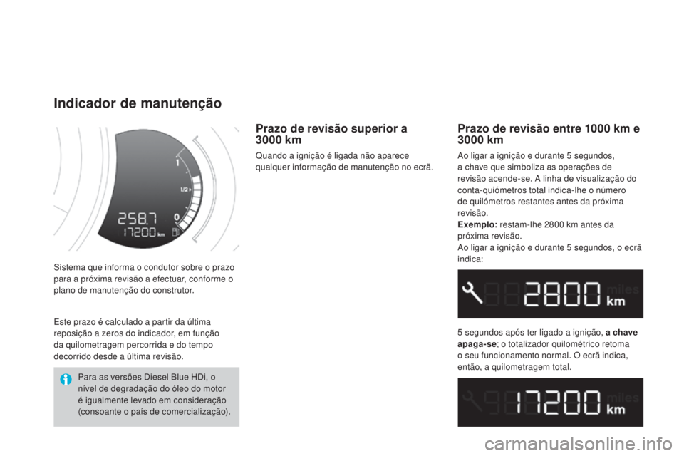CITROEN DS3 2015 Manual do condutor (in Portuguese) DS3_pt_Chap01_controle-de-marche_ed01-2014
Sistema que informa o condutor sobre o prazo
para a próxima revisão a efectuar, conforme o
plano de manutenção do construtor.
Indicador de manutenção CITROEN DS3 2015 Manual do condutor (in Portuguese) DS3_pt_Chap01_controle-de-marche_ed01-2014
Sistema que informa o condutor sobre o prazo
para a próxima revisão a efectuar, conforme o
plano de manutenção do construtor.
Indicador de manutenção