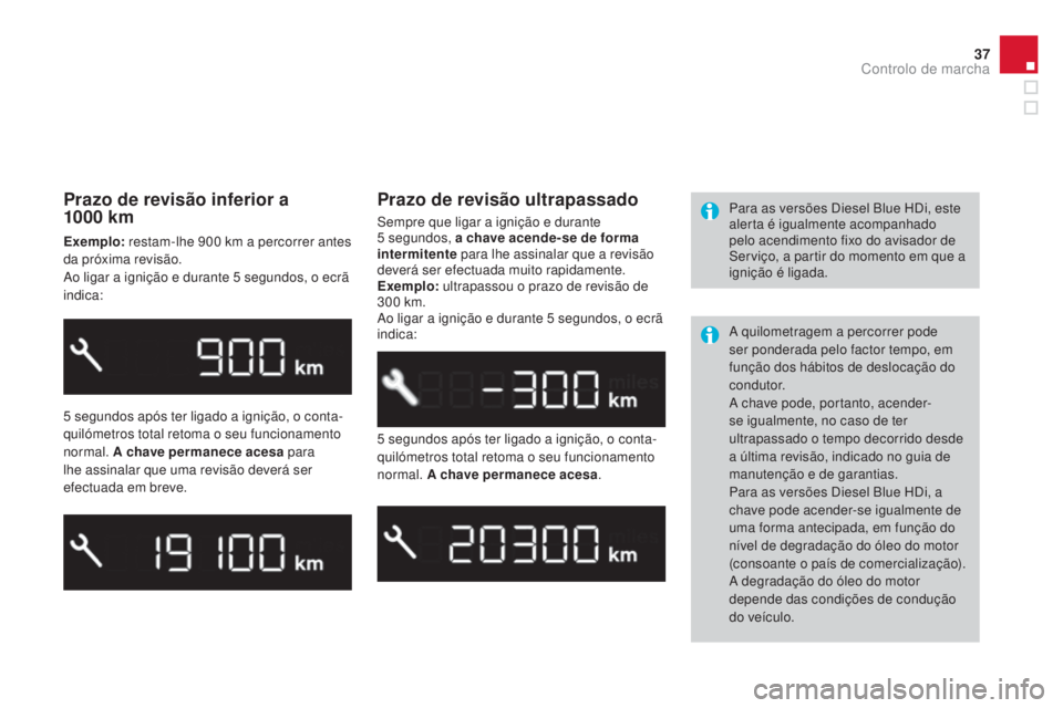 CITROEN DS3 2015 Manual do condutor (in Portuguese) 37
DS3_pt_Chap01_controle-de-marche_ed01-2014
Prazo de revisão inferior a
1000 km
Exemplo: restam-lhe 900 km a percorrer antes
da próxima revisão.
Ao ligar a ignição e durante 5
segundos, CITROEN DS3 2015 Manual do condutor (in Portuguese) 37
DS3_pt_Chap01_controle-de-marche_ed01-2014
Prazo de revisão inferior a
1000 km
Exemplo: restam-lhe 900 km a percorrer antes
da próxima revisão.
Ao ligar a ignição e durante 5
segundos,