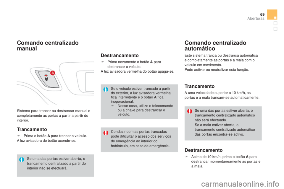 CITROEN DS3 2015 Manual do condutor (in Portuguese) 69
DS3_pt_Chap03_ouvertures_ed01-2014
Sistema para trancar ou destrancar manual e
completamente as portas a partir a partir do
interior.
Comando centralizado
manual
Trancamento
F Prima o botão A p CITROEN DS3 2015 Manual do condutor (in Portuguese) 69
DS3_pt_Chap03_ouvertures_ed01-2014
Sistema para trancar ou destrancar manual e
completamente as portas a partir a partir do
interior.
Comando centralizado
manual
Trancamento
F Prima o botão A p