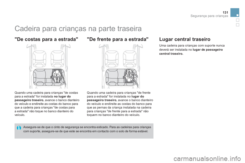 CITROEN DS3 2014 Manual do condutor (in Portuguese) 131Segurança para crianças
Cadeira para crianças na parte traseira
"De costas para a estrada"
Quando uma cadeira para crianças "de costas para a estrada" for instalada CITROEN DS3 2014 Manual do condutor (in Portuguese) 131Segurança para crianças
Cadeira para crianças na parte traseira
"De costas para a estrada"
Quando uma cadeira para crianças "de costas para a estrada" for instalada