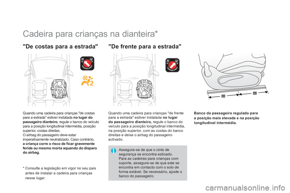 CITROEN DS3 2014 Manual do condutor (in Portuguese)
Cadeira para crianças na dianteira *
"De costas para a estrada"
"De frente para a estrada"
Banco do passageiro regulado paraa posição mais elevada e na posição longitudina CITROEN DS3 2014 Manual do condutor (in Portuguese)
Cadeira para crianças na dianteira *
"De costas para a estrada"
"De frente para a estrada"
Banco do passageiro regulado paraa posição mais elevada e na posição longitudina