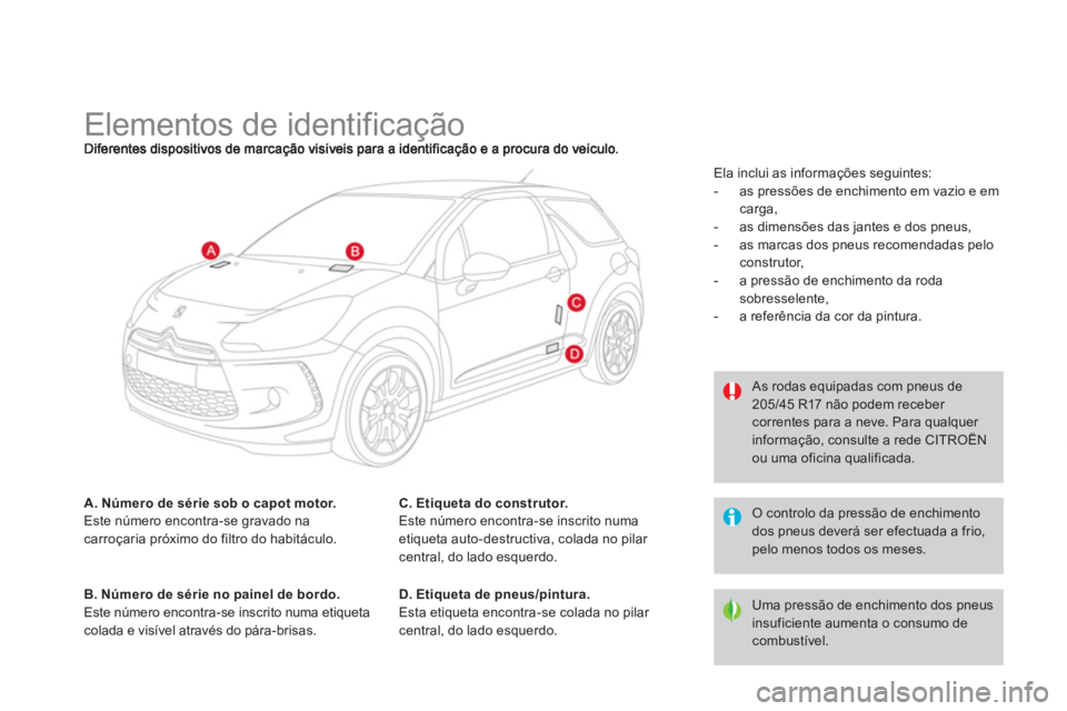 CITROEN DS3 2014 Manual do condutor (in Portuguese)
Elementos de identificação
A. Número de série sob o capot motor.Este número encontra-se gravado nacarroçaria próximo do filtro do habitáculo.
B. Número de CITROEN DS3 2014 Manual do condutor (in Portuguese)
Elementos de identificação
A. Número de série sob o capot motor.Este número encontra-se gravado nacarroçaria próximo do filtro do habitáculo.
B. Número de