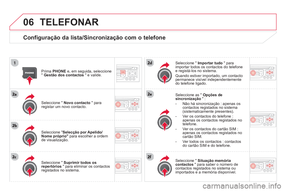 CITROEN DS3 2014 Manual do condutor (in Portuguese) 06TELEFONAR
Configuração da lista/Sincronização com o telefone
Prima PHONEe, em seguida, seleccione
" Gestão dos contactos" e valide.
Seleccione " Novo contacto" para
registar um no CITROEN DS3 2014 Manual do condutor (in Portuguese) 06TELEFONAR
Configuração da lista/Sincronização com o telefone
Prima PHONEe, em seguida, seleccione
" Gestão dos contactos" e valide.
Seleccione " Novo contacto" para
registar um no