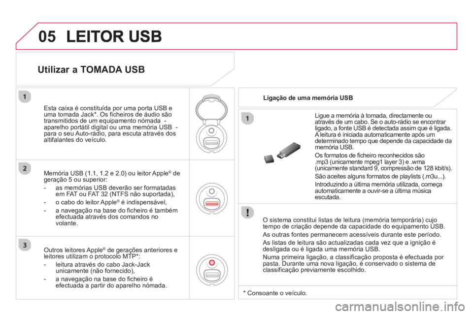 CITROEN DS3 2014 Manual do condutor (in Portuguese) 05
O sistema constitui listas de leitura (memória temporária) cujo
tempo de criação depende da capacidade do equipamento USB.
As outras
fontes permanecem acessíveis durante este período.
CITROEN DS3 2014 Manual do condutor (in Portuguese) 05
O sistema constitui listas de leitura (memória temporária) cujo
tempo de criação depende da capacidade do equipamento USB.
As outras
fontes permanecem acessíveis durante este período.