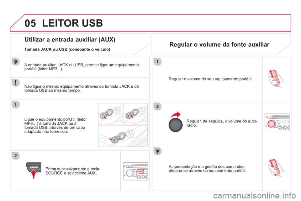 CITROEN DS3 2014 Manual do condutor (in Portuguese) 05
A apresentação e a gestão dos comandosefectua-se através do equipamento portátil.
Re
gular o volume do seu equipamento portátil.
Regular, de seguida, o volume do auto-rádio.
CITROEN DS3 2014 Manual do condutor (in Portuguese) 05
A apresentação e a gestão dos comandosefectua-se através do equipamento portátil.
Re
gular o volume do seu equipamento portátil.
Regular, de seguida, o volume do auto-rádio.