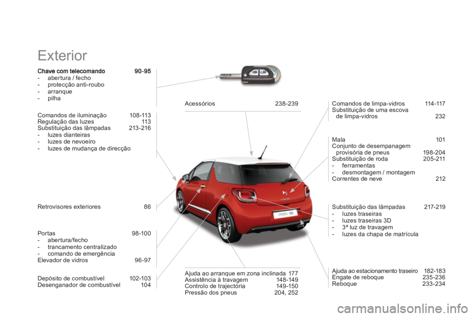 CITROEN DS3 2014 Manual do condutor (in Portuguese) Exterior
- abertura / fecho
- protecção anti-roubo
- arranque
- pilha
Comandos de iluminação 108 -113
Regulação das luzes 113
Substituição das lâmpadas 213-216
-
luzes dia CITROEN DS3 2014 Manual do condutor (in Portuguese) Exterior
- abertura / fecho
- protecção anti-roubo
- arranque
- pilha
Comandos de iluminação 108 -113
Regulação das luzes 113
Substituição das lâmpadas 213-216
-
luzes dia