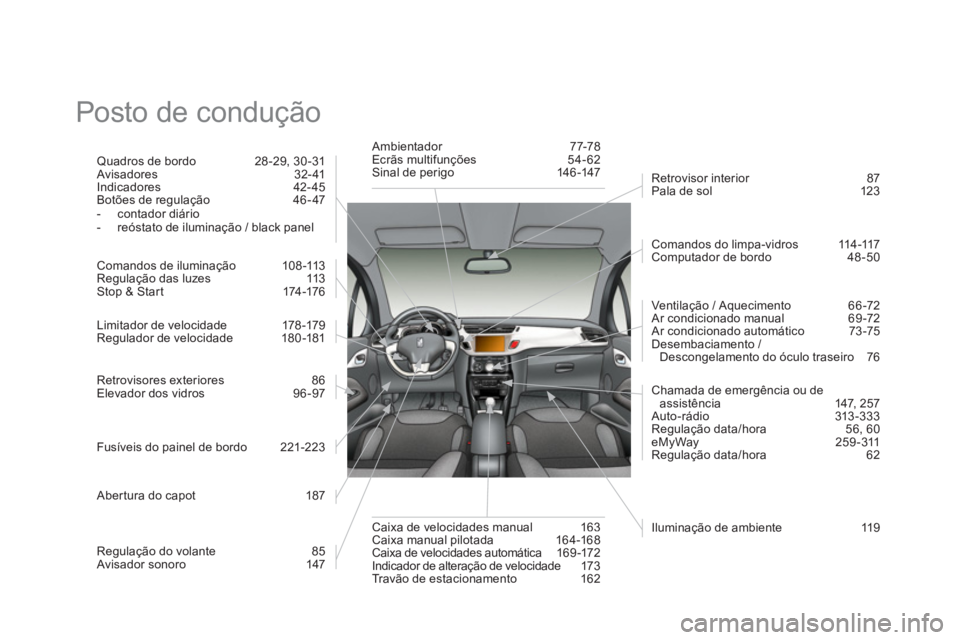 CITROEN DS3 2014 Manual do condutor (in Portuguese) Posto de condução
Quadros de bordo 28 -29, 30 -31
Avisadores 32- 41
Indicadores 42- 45
Botões de regulação 46-47
- contador diário- reóstato de iluminação / black panel
Co CITROEN DS3 2014 Manual do condutor (in Portuguese) Posto de condução
Quadros de bordo 28 -29, 30 -31
Avisadores 32- 41
Indicadores 42- 45
Botões de regulação 46-47
- contador diário- reóstato de iluminação / black panel
Co