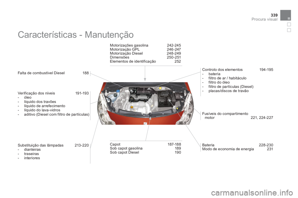 CITROEN DS3 2014 Manual do condutor (in Portuguese) 339Procura visual
Características - Manutenção
Falta de combustível Diesel 188
Ver i
ficação dos níveis 191-193
- óleo
- líquido dos travões
- líquido de CITROEN DS3 2014 Manual do condutor (in Portuguese) 339Procura visual
Características - Manutenção
Falta de combustível Diesel 188
Ver i
ficação dos níveis 191-193
- óleo
- líquido dos travões
- líquido de