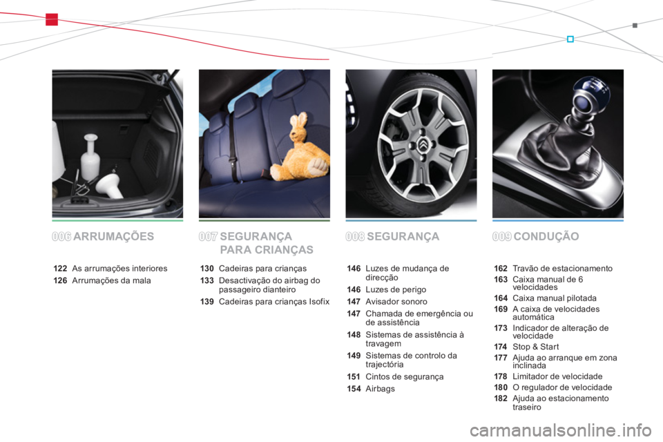 CITROEN DS3 2014 Manual do condutor (in Portuguese) SEGURANÇA CONDUÇÃO ARRUMAÇÕES SEGURANÇA
PA R A C R I A N ÇAS
162Travão de estacionamento163Caixa manual de 6
velocidades164 Caixa manual pilotada169A caixa de velocidadesautomática173 Ind CITROEN DS3 2014 Manual do condutor (in Portuguese) SEGURANÇA CONDUÇÃO ARRUMAÇÕES SEGURANÇA
PA R A C R I A N ÇAS
162Travão de estacionamento163Caixa manual de 6
velocidades164 Caixa manual pilotada169A caixa de velocidadesautomática173 Ind