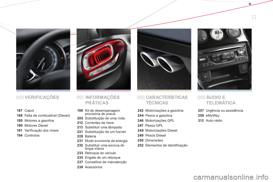 CITROEN DS3 2014  Manual do condutor (in Portuguese) VERIFICAÇÕES INFORMAÇÕES 
PR ÁTICASCAR ACTERÍSTICAS 
TÉCNICASÁUDIO E 
TELEMÁTICA
187 Capot
188  Falta de combustível (Diesel)
189Motores a gasolina
190Motores Diesel
191Verificação dos ní