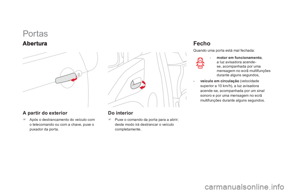 CITROEN DS3 2014  Manual do condutor (in Portuguese)    
 
 
 
 
 
 
 
 
 
 
Por tas 
A partir do exterior 
�)Após o destrancamento do veículo com 
o telecomando ou com a chave, puxe o
puxador da porta.
   
 
Do interior 
�) 
  Puxe o comando da por t
