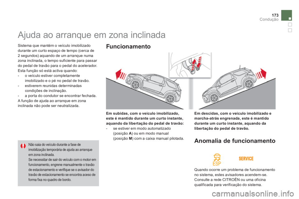 CITROEN DS3 2013 Manual do condutor (in Portuguese) 173Condução
Ajuda ao arranque em zona inclinada
Sistema que mantém o veículo imobilizado
durante um curto espaço de tempo (cerca de
2 segundos) aquando de um arranque numa
zona in CITROEN DS3 2013 Manual do condutor (in Portuguese) 173Condução
Ajuda ao arranque em zona inclinada
Sistema que mantém o veículo imobilizado
durante um curto espaço de tempo (cerca de
2 segundos) aquando de um arranque numa
zona in
