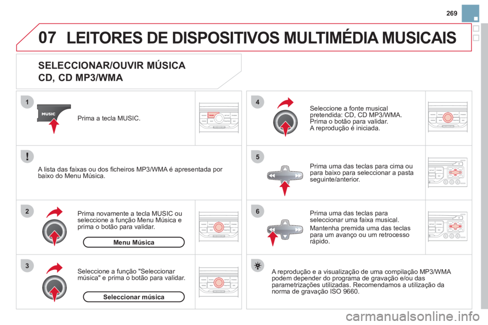 CITROEN DS3 2013  Manual do condutor (in Portuguese) 269
07
3 2 1
6
4
5
   
 
 
 
 
 
 
 
 
 
 
 
SELECCIONAR/OUVIR MÚSICA  
CD, CD MP3/WMA 
   
A reprodução e a visualização de uma compilação MP3/WMA 
podem depender do programa de gravação e/o