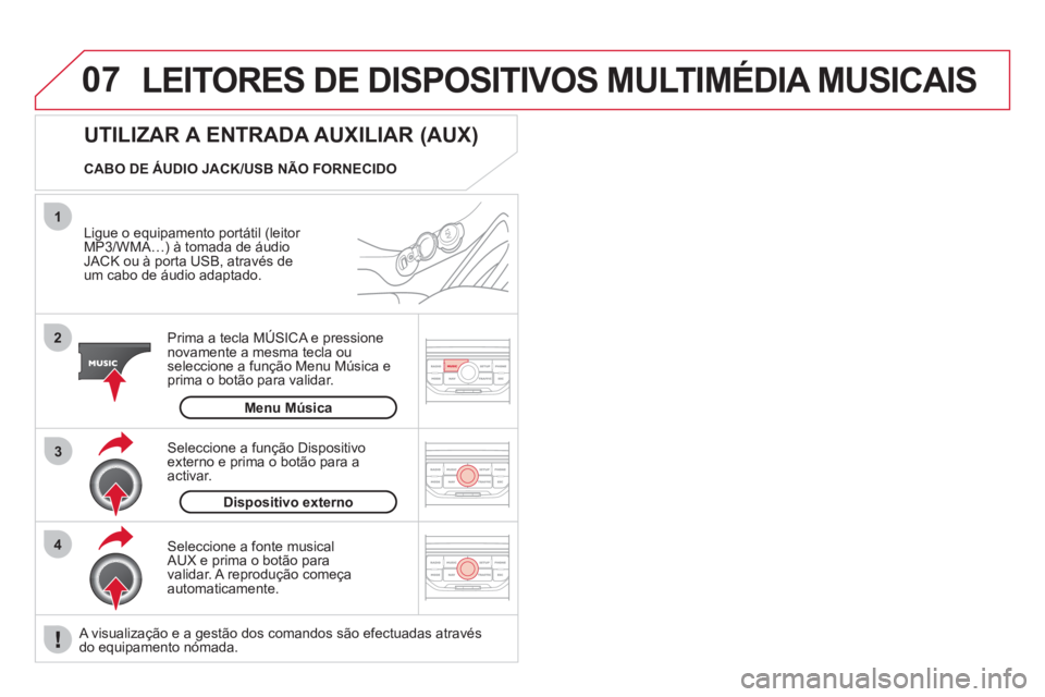 CITROEN DS3 2013  Manual do condutor (in Portuguese) 07
43 1
2
LEITORES DE DISPOSITIVOS MULTIMÉDIA MUSICAIS
   
Ligue o equipamento portátil (leitor MP3/WMA…) à tomada de áudio JACK ou à porta USB, através de 
um cabo de áudio adaptado.  
Prima