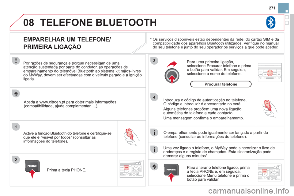 CITROEN DS3 2013  Manual do condutor (in Portuguese) 271
08
1
2
3
4
TELEFONE BLUETOOTH
*     Os serviços disponíveis estão dependentes da rede, do cartão SIM e da compatibilidade dos aparelhos Bluetooth utilizados. Veriﬁ que no manual
do seu telef