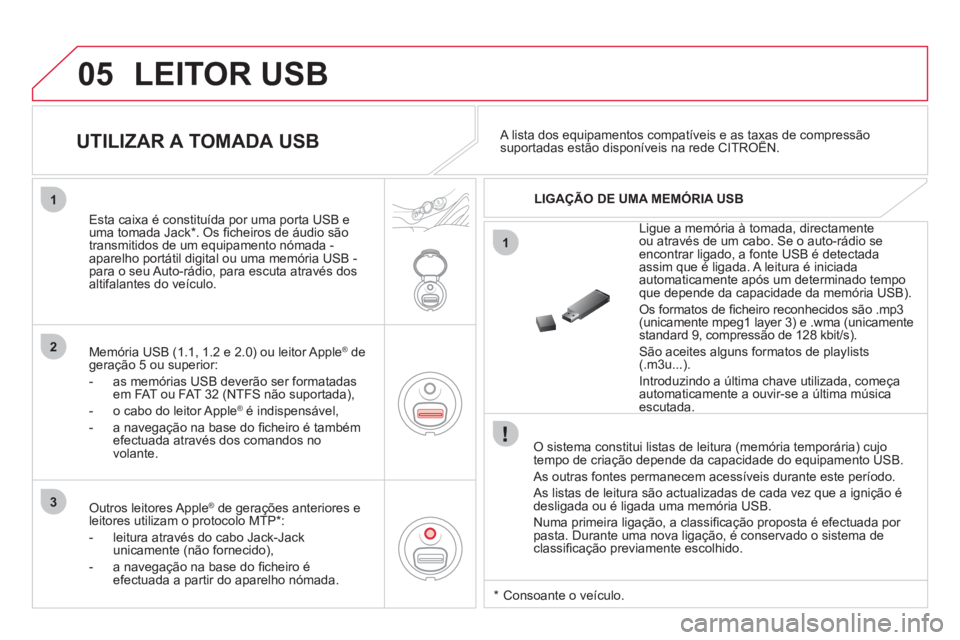 CITROEN DS3 2013  Manual do condutor (in Portuguese) 05
1
1
2
3
  LEITOR USB
 
 O sistema constitui listas de leitura (memória temporária) cujo 
tempo de criação depende da capacidade do equipamento USB.
  As outras 
fontes permanecem acessíveis du