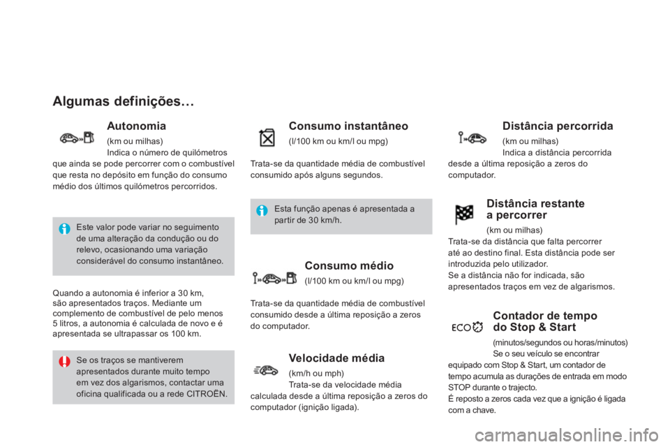 CITROEN DS3 2013  Manual do condutor (in Portuguese) Algumas definições…
   
Autonomia 
 (km ou milhas) 
  Indica o número de quilómetros 
que ainda se pode percorrer com o combustível 
que resta no depósito em função do consumo
médio dos úl