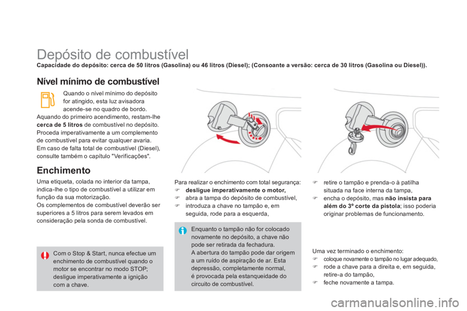 CITROEN DS3 2011  Manual do condutor (in Portuguese)    
 
 
 
 
 
 
 
 
 
 
 
 
 
 
 
 
 
 
 
 
 
 
 
 
 
Depósito de combustível  
 
Capacidade do depósito: cerca de 50 litros (Gasolina) ou 46 litros (Diesel); (Consoante a versão: cerca de 30 litr