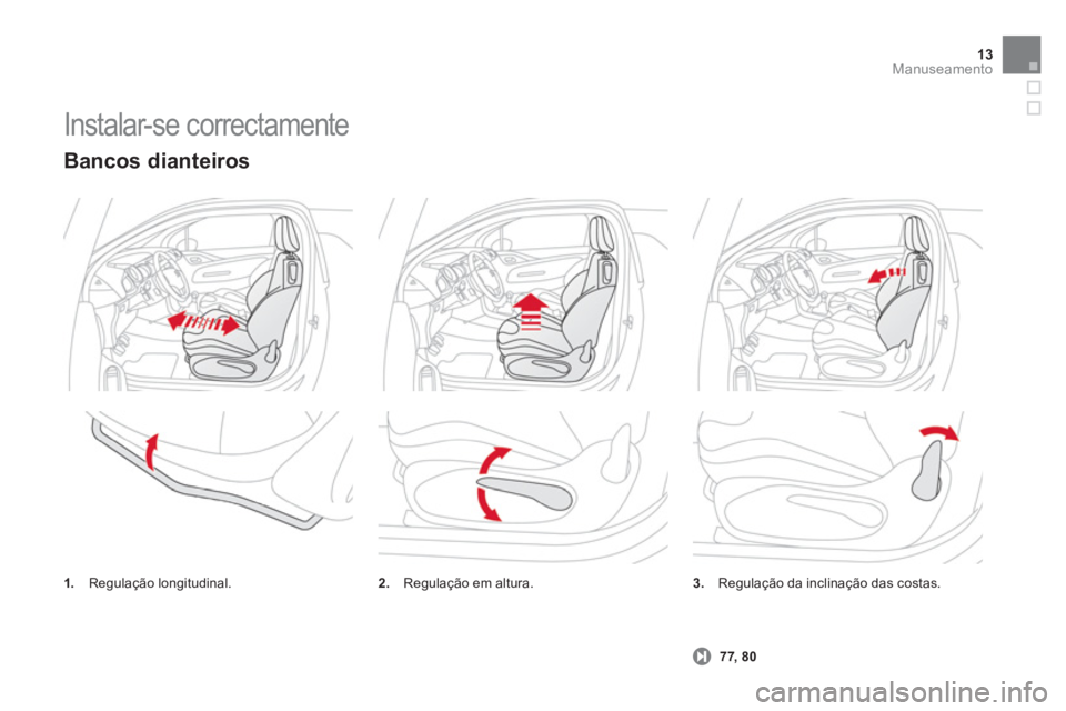 CITROEN DS3 2011  Manual do condutor (in Portuguese) 13Manuseamento
  Instalar-se correctamente 
 
 
3.  
Regulação da inclinação das costas. 
   
 77, 80 
 
 
 
 
Bancos dianteiros 
 
 
1. 
 Regulação longitudinal.    
2.  
Regulação em altura.