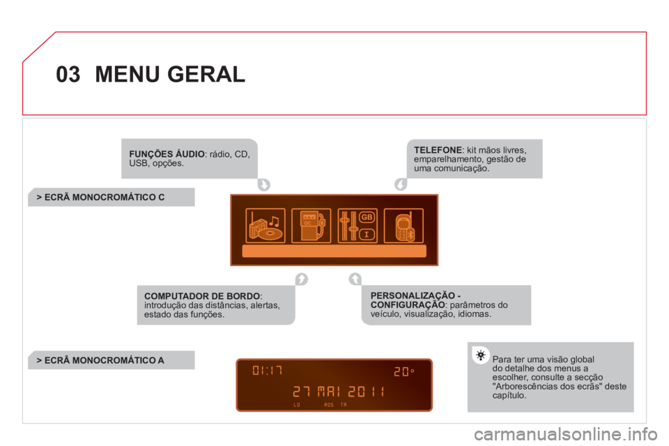 CITROEN DS3 2011 Manual do condutor (in Portuguese) 03 MENU GERAL
FUNÇÕES ÁUDIO
: rádio, CD,
USB, opções.
> ECRÃ MONOCROMÁTICO C
Para ter uma visão global
do detalhe dos menus a
escolher, consulte a secç CITROEN DS3 2011 Manual do condutor (in Portuguese) 03 MENU GERAL
FUNÇÕES ÁUDIO
: rádio, CD,
USB, opções.
> ECRÃ MONOCROMÁTICO C
Para ter uma visão global
do detalhe dos menus a
escolher, consulte a secç
