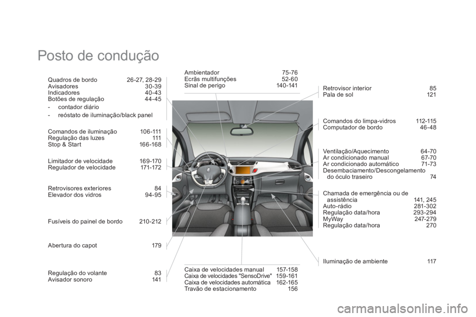 CITROEN DS3 2011 Manual do condutor (in Portuguese) Posto de condução
Quadros de bordo 26 -27, 28 -29
Avisadores 30 -39
Indicadores 40 - 43
Botões de regulação 44- 45
- contador diário
- reóstato de ilumin CITROEN DS3 2011 Manual do condutor (in Portuguese) Posto de condução
Quadros de bordo 26 -27, 28 -29
Avisadores 30 -39
Indicadores 40 - 43
Botões de regulação 44- 45
- contador diário
- reóstato de ilumin