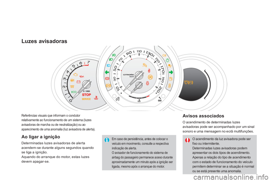 CITROEN DS3 2011  Manual do condutor (in Portuguese)   Referências visuais que informam o condutor 
relativamente ao funcionamento de um sistema (luzes 
avisadoras de marcha ou de neutralização) ou ao 
aparecimento de uma anomalia (luz avisadora de a