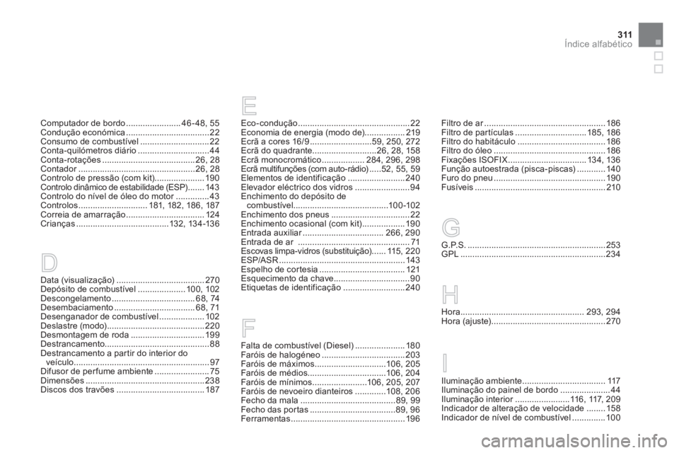 CITROEN DS3 2011  Manual do condutor (in Portuguese) 311Índice alfabético
Data (visualização) ..................................... 270
Depósito de combustível .................... 100, 102
Descongelamento ................................... 68,  