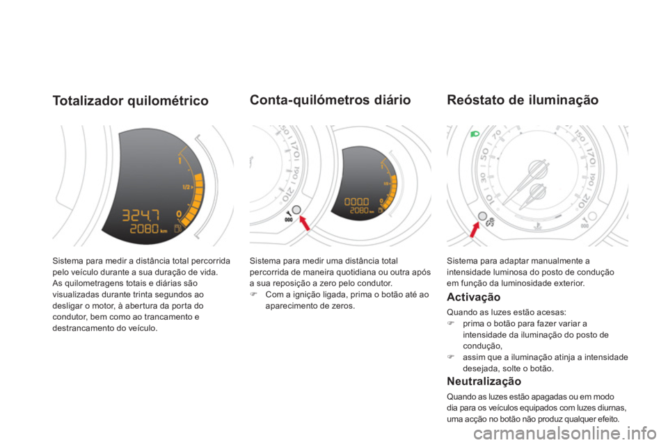 CITROEN DS3 2011  Manual do condutor (in Portuguese)   Sistema para medir a distância total percorrida 
pelo veículo durante a sua duração de vida. 
  As quilometragens totais e diárias são 
visualizadas durante trinta segundos ao 
desligar o moto